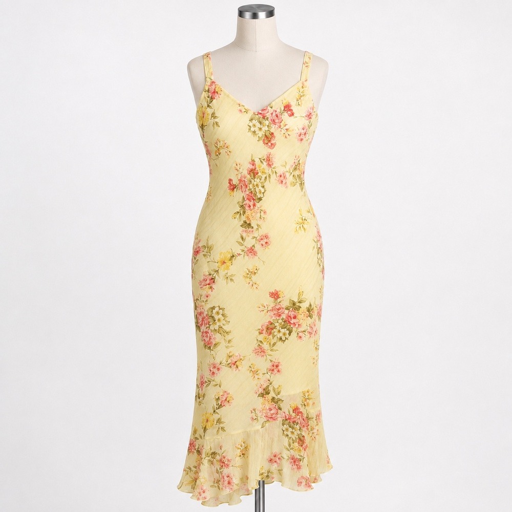 Y2K AGB Byer California Floral Midi Dress 12 V-Neck Ruffle Hem Butter Yellow